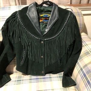 green suede leather bikers jacket with fringe